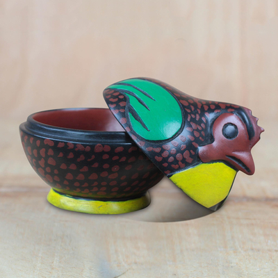 Wood decorative jar, 'Spotted Chicken' - Spotted Chicken Wood Decorative Jar from Ghana