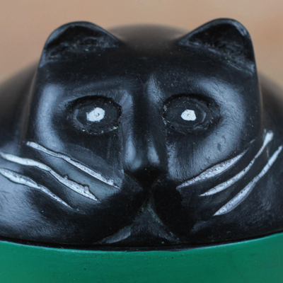 Tarro decorativo de madera - Tarro decorativo de madera de gato negro y verde de Ghana