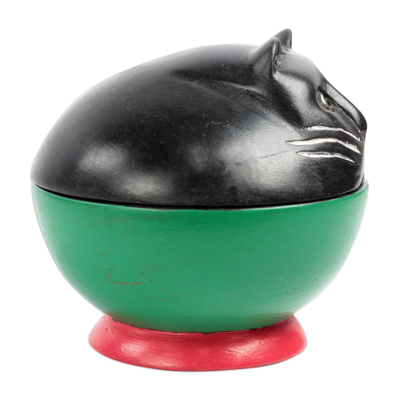 Tarro decorativo de madera - Tarro decorativo de madera de gato negro y verde de Ghana