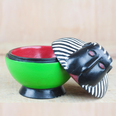 Wood decorative jar, 'Monkey Keeper' - Handcrafted Sese Wood Monkey Decorative Jar from Ghana