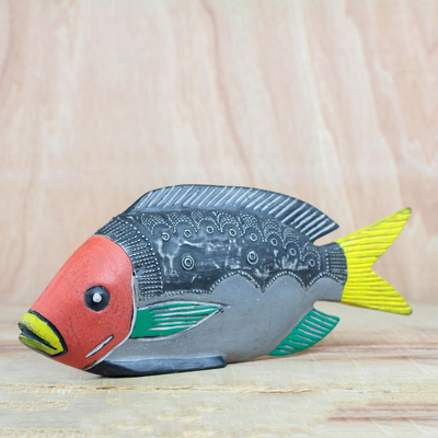 Wood sculpture, 'Textured Fish' - Wood and Aluminum Fish Sculpture from Ghana