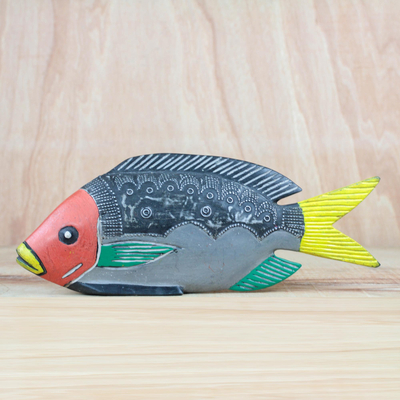 Wood sculpture, 'Textured Fish' - Wood and Aluminum Fish Sculpture from Ghana