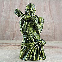 Ceramic sculpture, 'Horn Man' - Ceramic Sculpture of a Horn Blower from Ghana