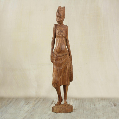 Escultura de madera de teca - Escultura de madera de teca hecha a mano de una mujer de Ghana