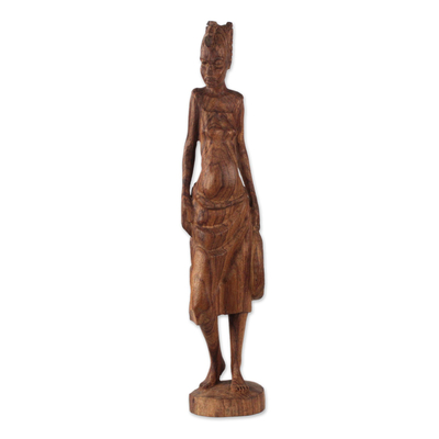 Skulptur aus Teakholz - Handgefertigte Teakholzskulptur einer Frau aus Ghana
