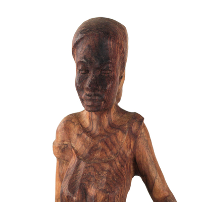 Teakholzskulptur „Hocker“ – handgeschnitzte Teakholzskulptur einer Frau aus Ghana