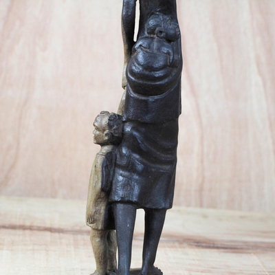 Ebony wood sculpture, 'Returnees' - Ebony Wood Mother and Child Sculpture from Ghana