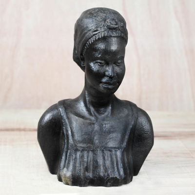 Ebony wood sculpture, 'Bust of a Ghanaian Woman' - Hand-Carved Ebony Wood Sculpture of a Ghanaian Woman