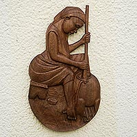 Wood relief panel, 'Evening Meal' - Baku Wood Relief Panel of a Woman Cooking from Ghana