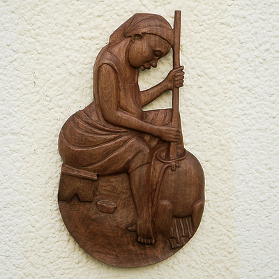 Wood relief panel, 'Evening Meal' - Baku Wood Relief Panel of a Woman Cooking from Ghana