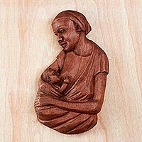 Teak wood relief panel, 'Breastfeeding I' - Teak Wood Mother and Child Relief Panel from Ghana