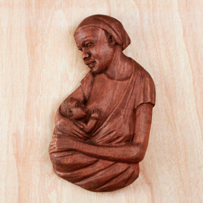 Reliefplatte aus Teakholz - Mutter-Kind-Relieftafel aus Teakholz aus Ghana