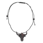 Ebony wood pendant necklace, 'Proud Bull' - Ebony Wood Bull Pendant Necklace from Ghana
