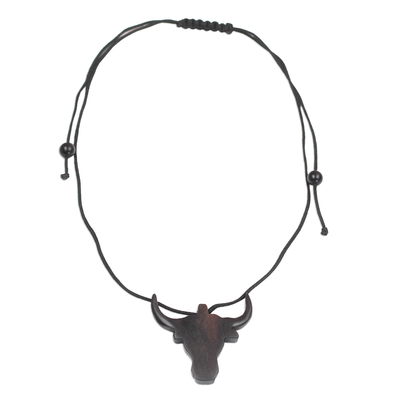 Ebony wood pendant necklace, 'Proud Bull' - Ebony Wood Bull Pendant Necklace from Ghana
