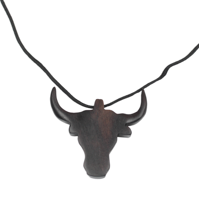 Ebony wood pendant necklace, 'Proud Bull' - Ebony Wood Bull Pendant Necklace from Ghana