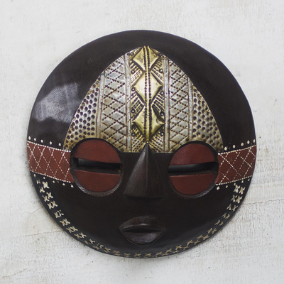 African wood mask, 'Elikem Child' - Round African Sese Wood Mask in Brown from Ghana