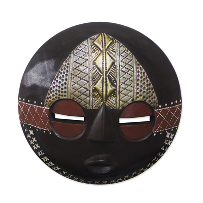 African wood mask, 'Elikem Child' - Round African Sese Wood Mask in Brown from Ghana