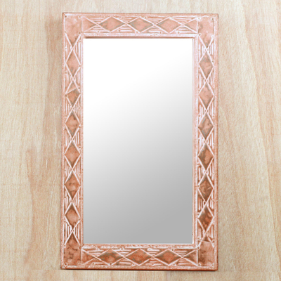 Brass and wood mirror, 'Pink Diamonds' - Diamond Motif Brass and Sese Wood Mirror from Ghana