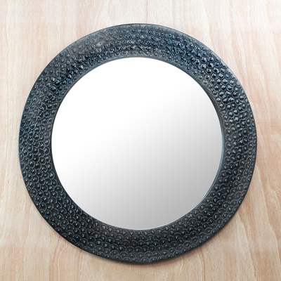 Aluminum and wood mirror, 'Black Scales' - Black Aluminum and Sese Wood Mirror from Ghana