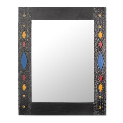 Wood mirror, 'Colorful Diamonds' - Sese Wood Aluminum and Brass Wall Mirror from Ghana
