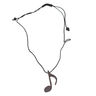 Ebony wood pendant necklace, 'Dark Note' - Ebony Wood Musical Note Pendant Necklace from Ghana