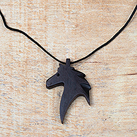 Ebony wood pendant necklace, 'Horse Profile'