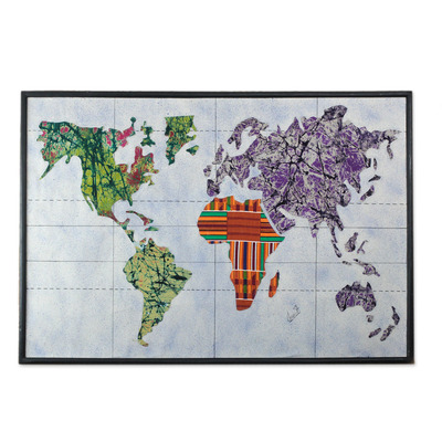 Cotton batik wall art, 'World Map' - Batik on Cotton World Map Wall Art from Ghana