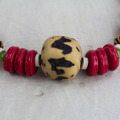 Recycled glass and wood beaded necklace, 'African Roots' - Handcrafted Recycled Glass and Sese Wood Beaded Necklace