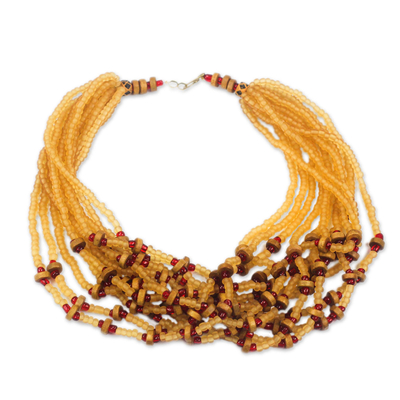 Yellow Recycled Glass Beaded and Sese Wood Torsade Necklace