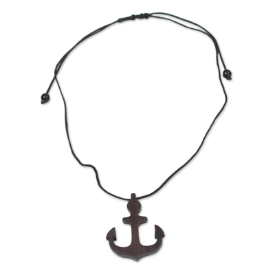 Ebony Wood Anchor Pendant Necklace from Ghana