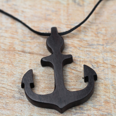 Ebony wood pendant necklace, 'Nautical Anchor' - Ebony Wood Anchor Pendant Necklace from Ghana