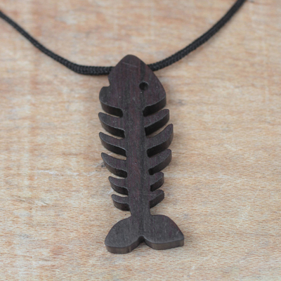 Ebony wood pendant necklace, 'Fish Bone' - Ebony Wood Fish Bone Pendant Necklace from Ghana
