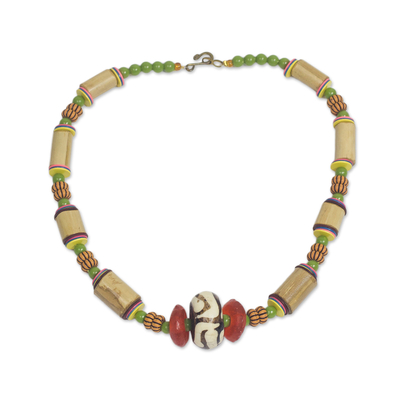 Bamboo and recycled glass beaded necklace, 'Thankful Heart' - Bamboo and Recycled Glass Beaded Statement Necklace