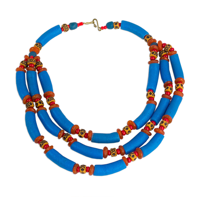 Blue and Orange Recycled Plastic Beaded Statement Necklace