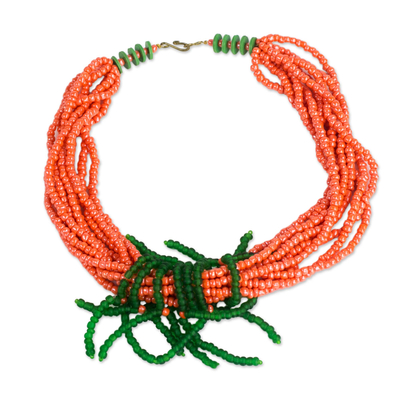 Peachy Orange and Green Recycled Glass Torsade Necklace