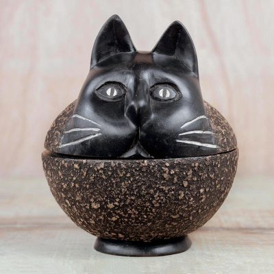 Wood decorative jar, 'Charming Cat' - Sese Wood Decorative Jar of a Cat from Ghana