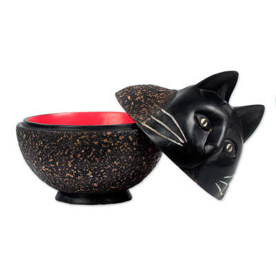 Wood decorative jar, 'Charming Cat' - Sese Wood Decorative Jar of a Cat from Ghana