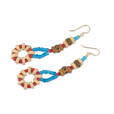 Recycled glass and wood beaded dangle earrings, 'Eclectic Assemblage' - Handcrafted Eclectic Beaded Dangle Earrings