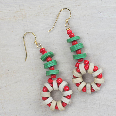 Recycled glass and plastic beaded earrings, 'Berry Symphony' - Red and Green Recycled Glass and Sese Wood Beaded Earrings