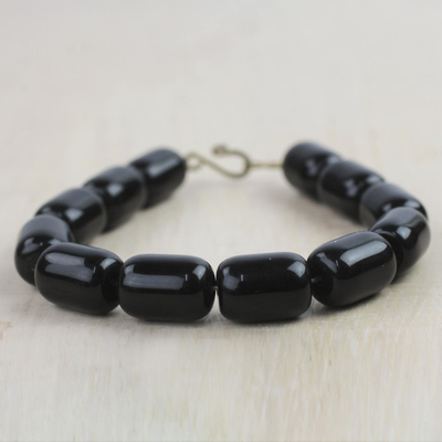Recycled glass beaded bracelet, 'Black Alewa' - Recycled Glass Beaded Bracelet in Black from Ghana