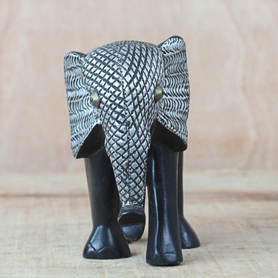 Wood sculpture, 'Gye Nyame Elephant' - Wood Aluminum and Brass Elephant Sculpture from Ghana