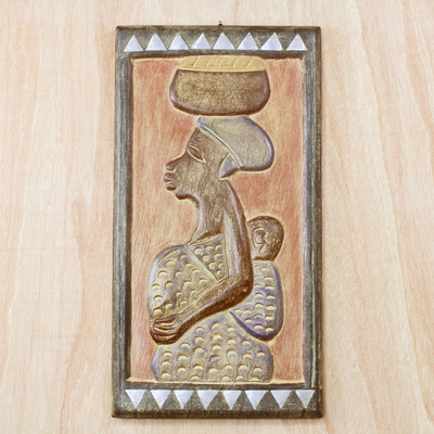 Reliefplatte aus Holz - Mutter-Kind-Relieftafel aus Sese-Holz aus Ghana