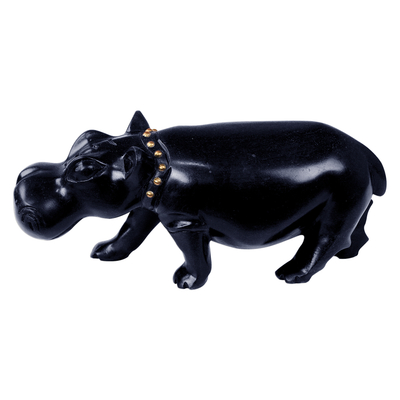 Ebony wood sculpture, 'Fine Hippo' - Ebony Wood and Brass Sculpture of a Hippo from Ghana
