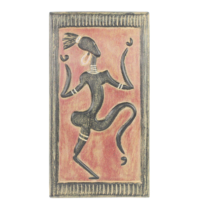 Wood relief panel, 'Fulani Festival Dancer' - Dance-Themed Sese Wood Relief Panel from Ghana