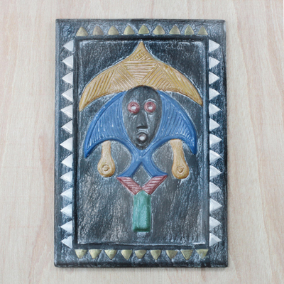 Panel en relieve de madera - Panel en relieve de madera de sesé con temática de máscaras de Ghana
