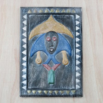 Wood relief panel, 'Bearded Mask' - Mask-Themed Sese Wood Relief Panel from Ghana