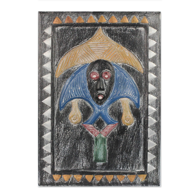 Wood relief panel, 'Bearded Mask' - Mask-Themed Sese Wood Relief Panel from Ghana