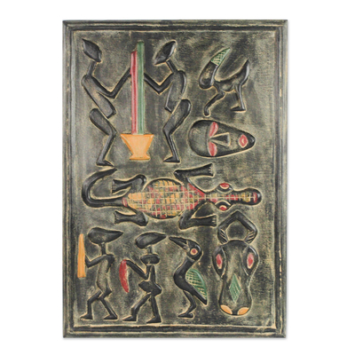 Wood relief panel, 'Dogon Culture' - Dogon-Themed Sese Wood Relief Panel from Ghana