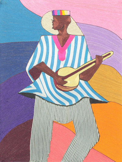 Silk Wall Art of an African Guitarist from Ghana