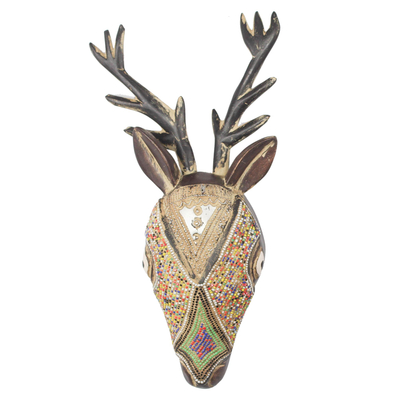 African wood mask, 'Spiritual Antelope' - Sese Wood and Recycled Plastic Antelope Mask from Ghana